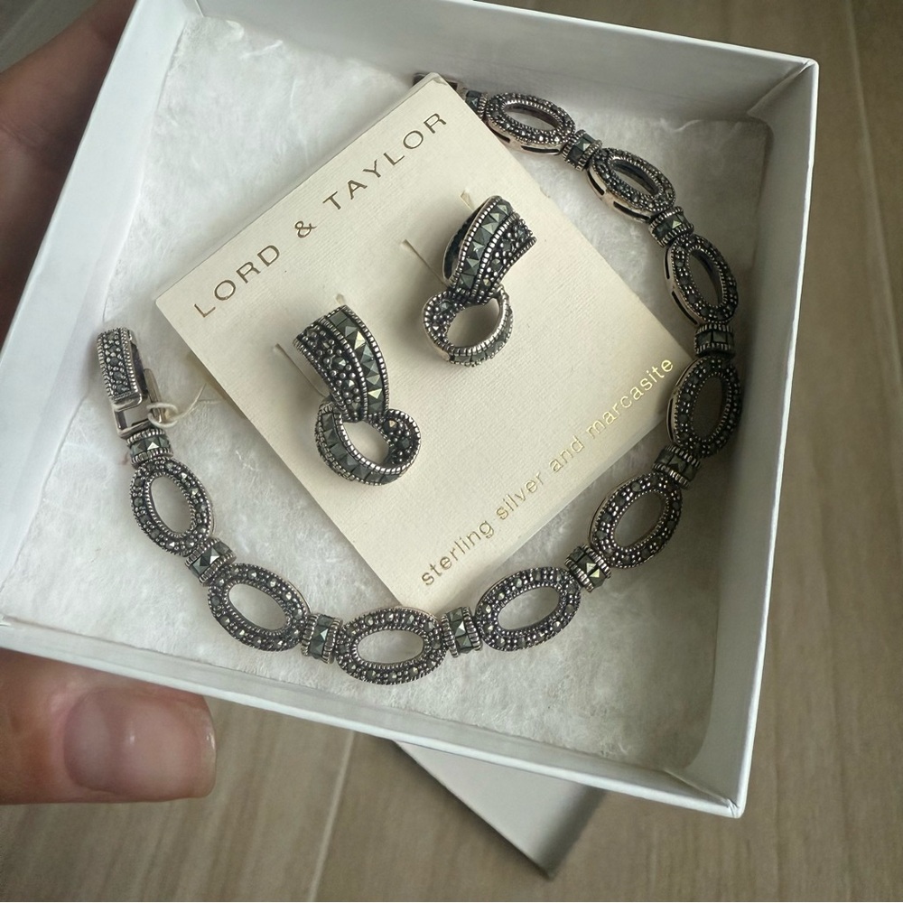 Lord & Taylor Sterling Silver and Marcasite Bracelet and Earring Set